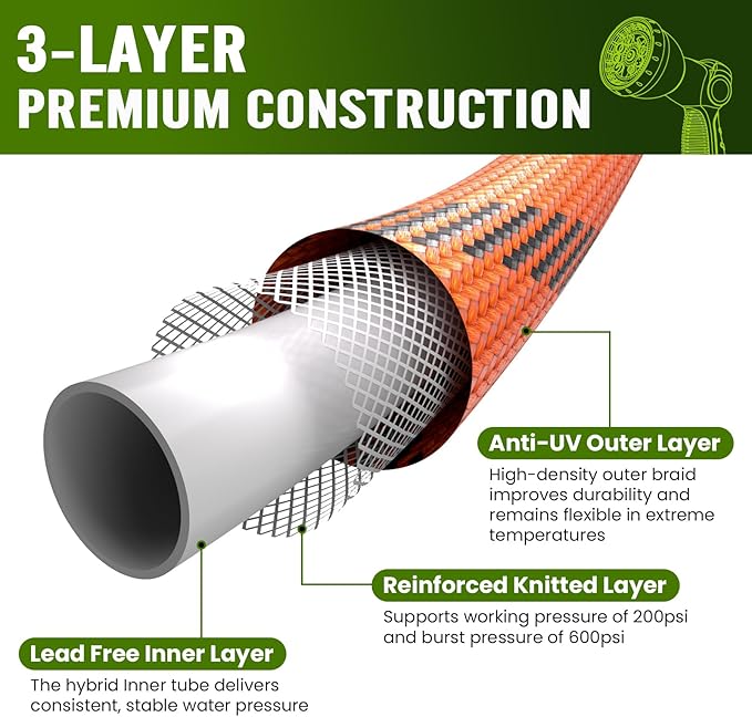 Garden Hose 100 ft, Water Hose Heavy Duty, Flexible Lightweight Non-Expanding Hose with 10 Function Sprayer, Leak-Proof, Burst-Resistant, High-Pressure, Anti-Kink, Garden Gifts for Men Women