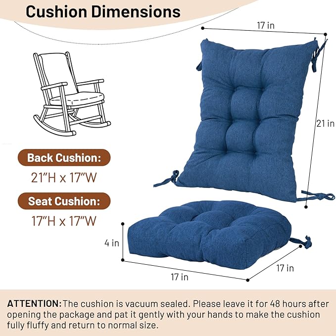 Lokex Rocking Chair Cushion 4 Inch Extra Thick, Cushions for Rocking Chairs Set of Seat and Back with Ties, Linen Fabric Indoor Outdoor Rocker, 17x21 & 17x17 Inches (Dark Blue)
