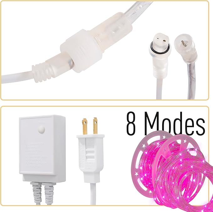 Waterproof LED Rope Lights, Connectable & Flexible with 8 Modes, Outdoor Lighting for Deck, Garden, Pool, Patio & Christmas Decor (Pink, 100ft)