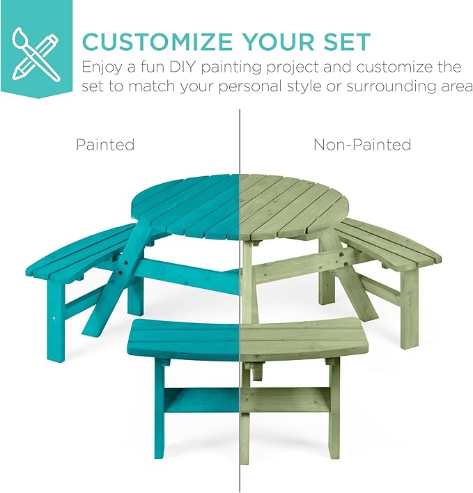 Best Choice Products 6-Person Circular Outdoor Wooden Picnic Table for Patio, Backyard, Garden, DIY w/ 3 Built-in Benches, 500lb Capacity - Sage Green