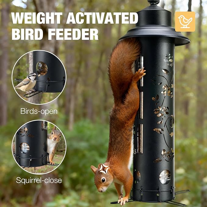 Veehoo Squirrel Proof Bird Feeder for Outdoors, Hanging Wild Bird Feeder Anti Squirrel with Weight-Activated Perches, Metal Cardinal Finch Feeder Outside Decorative for Thistle and Mixed Seed, Black
