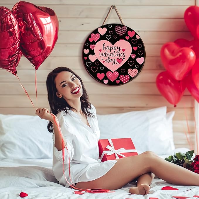 3 Pcs Valentines Day Decorations Door Sign Love Heart Welcome Wooden Hanging Sign Happy Valentine's Day Wood Wreath with Rope for Front Door Outdoor Farmhouse Porch Party Decor