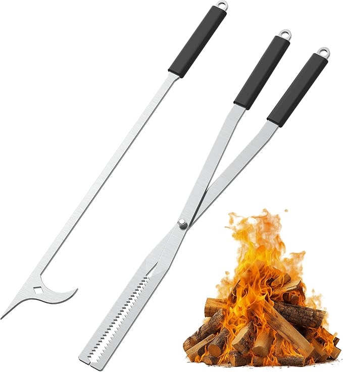 GARVIN Heavy Duty Fire Tongs & Poker Set, 27.7" Long-Handle Carbon Steel Log Grabber with Serrated Grip, Fire Tools Sets For Fire Pit & Fireplace, Wood Stoves, Campfires, Bonfires & BBQ Grills