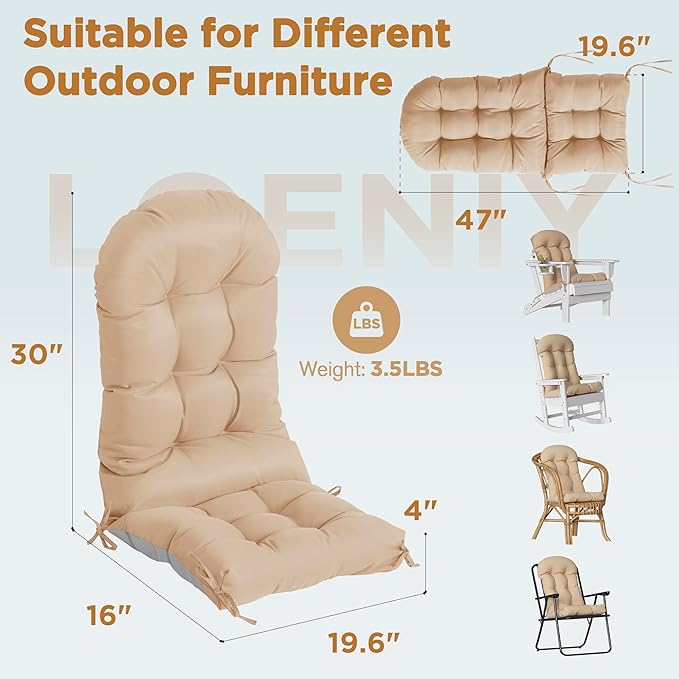Adirondack Chair Cushion, Extra Thick High Back Rocking Chair Cushion 47x19.6x4 Inch, Folding Patio Pads with Ties, Waterproof & Fade-Resistant Seat Pads Indoor/Outdoor (Khaki)
