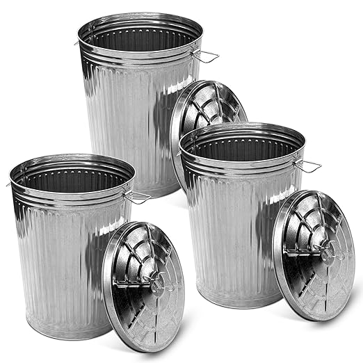 Plexon Metal Trash Can with Lid Outdoor 20 Gallon Galvanized Steel Garbage Bucket with Lid Silver, 3 Pack