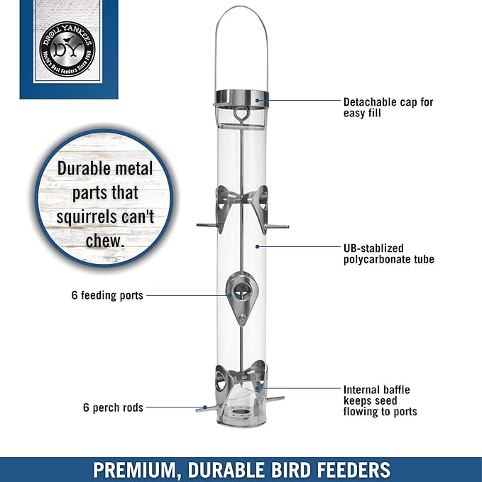 Droll Yankees Classic Sunflower or Mixed Seed Bird Feeder, Ring Pull Advantage, 6 Feeding Stations, 1 lb Bird Seed Capacity, 20-Inch