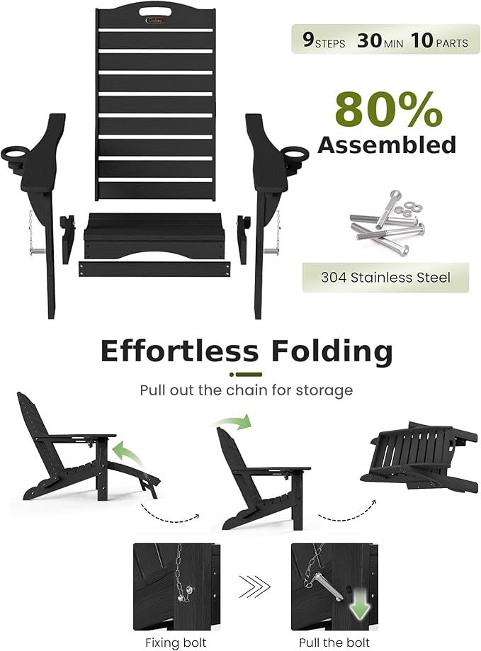 Ciokea Folding Adirondack Chair Set of 6 with Retractable Ottoman Fire Pit Patio Chair with Pull Out Foot Rest Weather Resistant Lawn Outdoor Chair with 2 Cup Holder(Black)