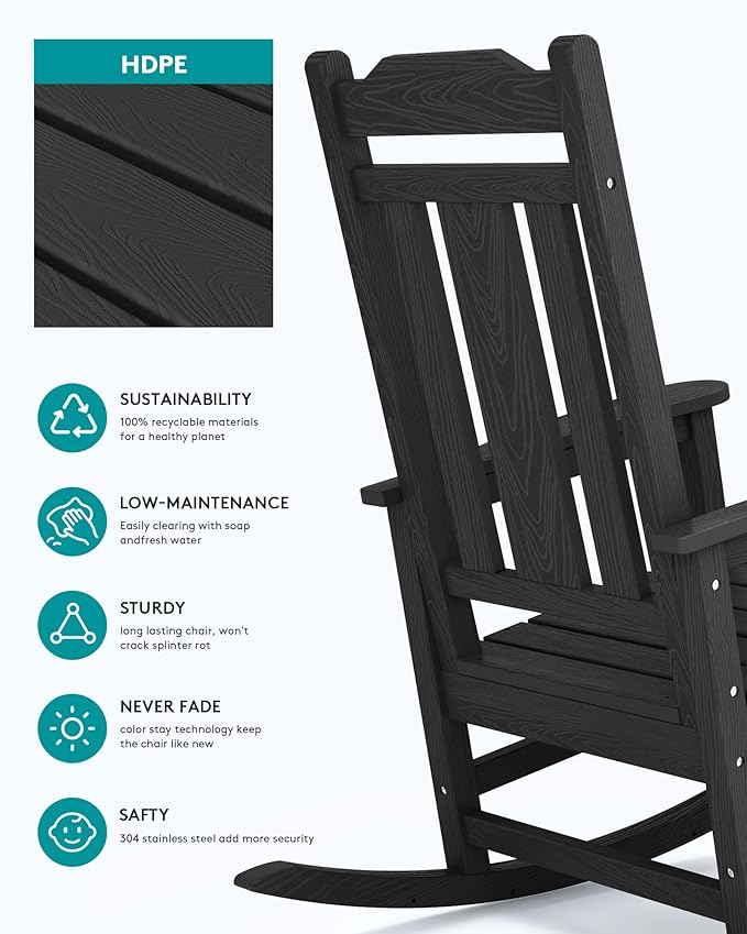 SERWALL Oversized Rocking Chair Outdoor, HDPE Outdoor Rocking Chair, Black