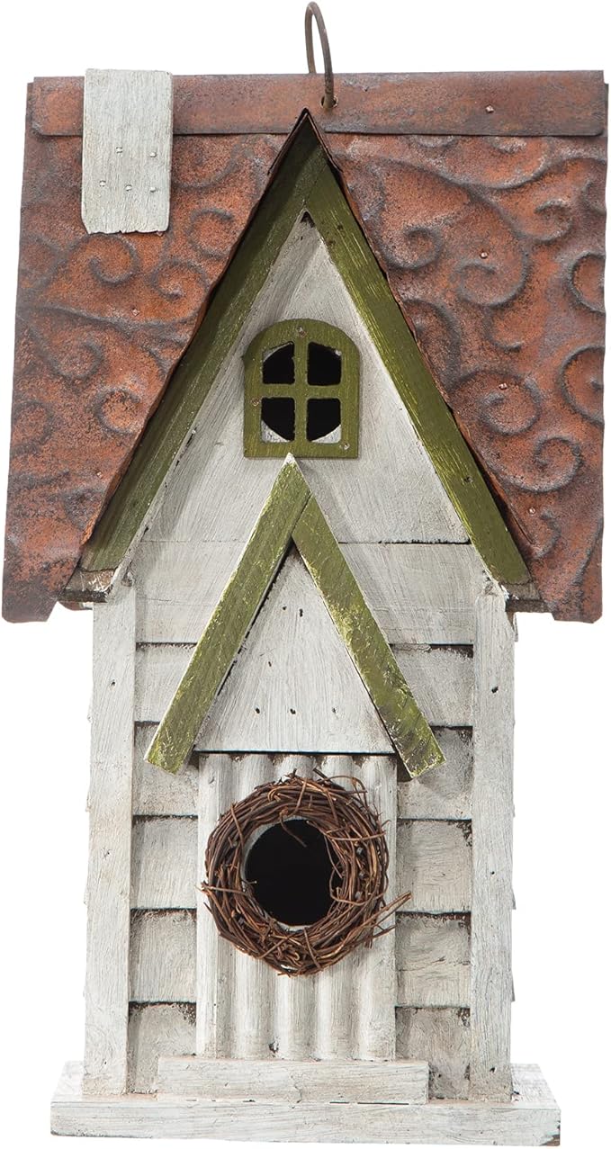 Glitzhome GH90086 Hanging Distressed Wooden Garden Cottage Birdhouse, White