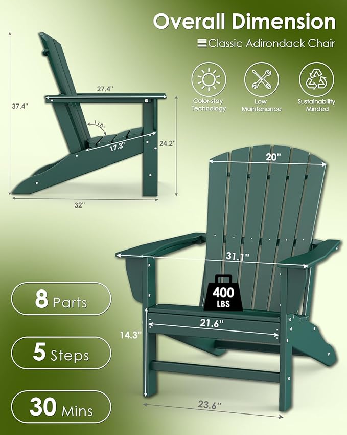 GREENVINES Adirondack Chairs Set of 2 | HDPE Plastic | Oversized Fire Pit Chair | All Weather | Forest | Poly Lumber | for Outdoor Deck Backyard Patio Garden