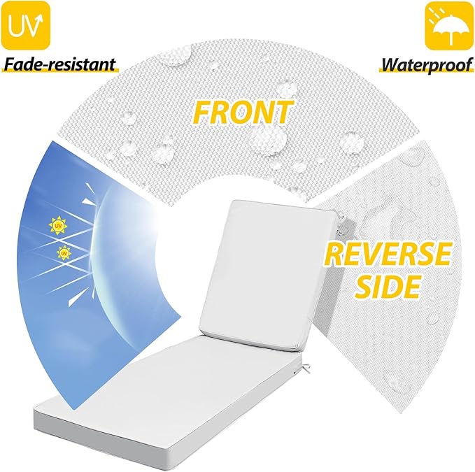 AAAAAcessories Outdoor Chaise Lounge Cushions, Fade-Resistant, Waterproof Patio Furniture Replacement Cushions, 75" x 24.5" x 3", Creamy White