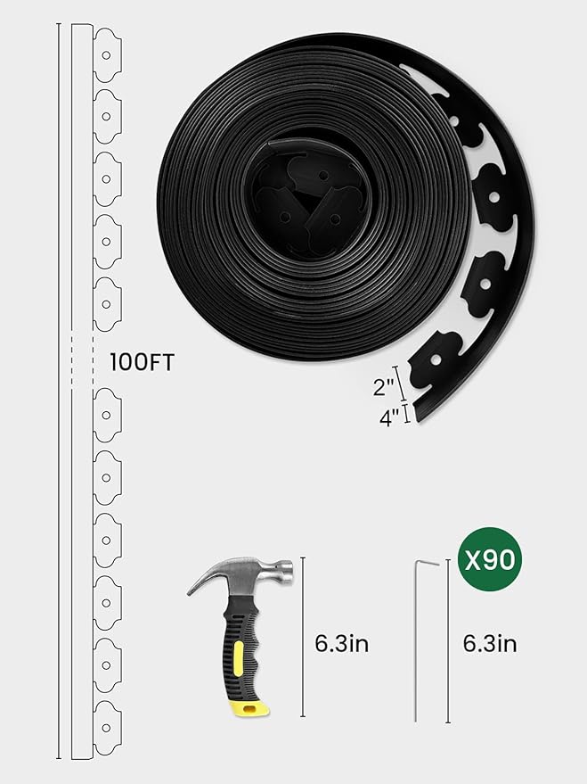 GROWNEER 100FT Landscape Edging Flexible 4 inch Tall Garden Border with 90pcs Galvanized Steel Anchoring Spikes and Hammer Lawn Edging Kit for Flower Bed, Pathway, Landscaping Project, Black