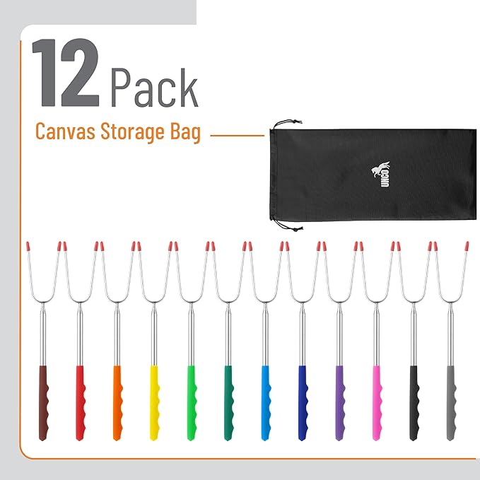 UNCO- Extra Long Marshmallow Roasting Sticks, 12 pcs, 45", Colorful Rubber Handles, Extendable Stainless Steel Marshmallow Roasting Sticks with Canvas Storage Bag, Skewers for Smores Skewers