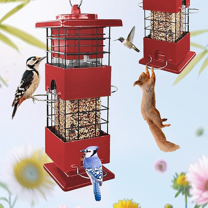Squirrel Proof Bird Feeder for Outdoors Hanging, 3Lbs Metal Weight-Activated Birdfeeder with 4 Feeding Ports, Wild Birds Seed Feeder for Cardinal, Finch, Sparrow (Red)
