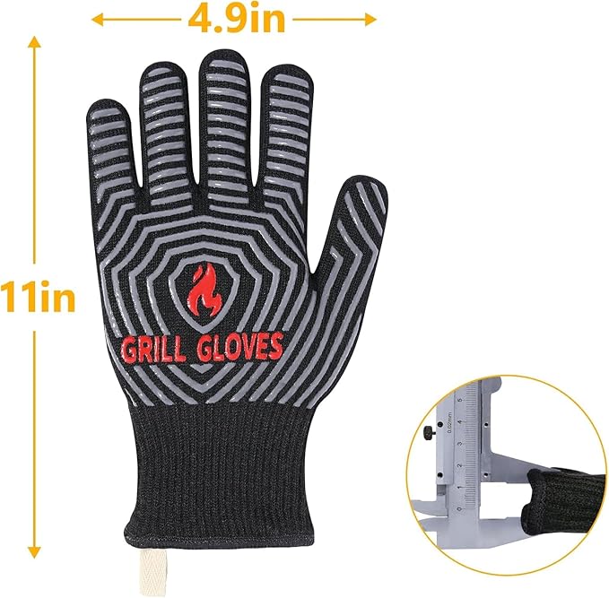 QUWIN BBQ Gloves, Oven Gloves 1472℉ Extreme Heat Resistant, Grilling Gloves Silicone Non-Slip Oven Mitts, Kitchen Gloves for BBQ, Grilling, Cooking, Baking-1 Pair… (Black, One Size Fits Most)