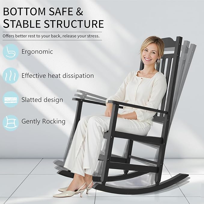 Outdoor Rocking Chair Porch Rocker All Weather Resistant Porch Rocker for Lawn Garden High Back Armrest (2,Black)