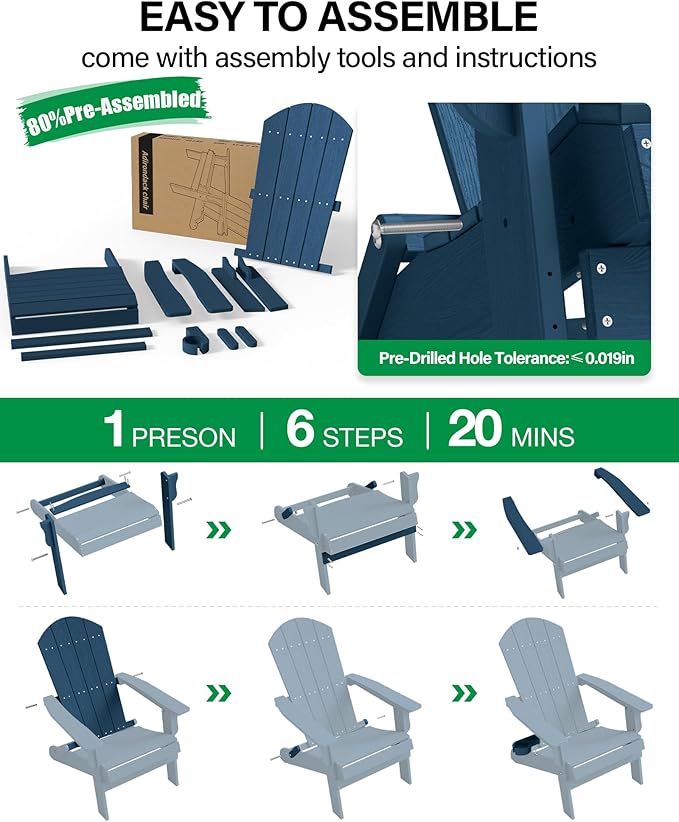 YEFU Adirondack Chair, Oversized Plastic Adirondack Chair Folding Outdoor Chairs with Cup Holder, Lawn Chair with Weather Resistant for Outside Deck Lawn Garden, Weight Capacity Up to 400 Lbs –Navy