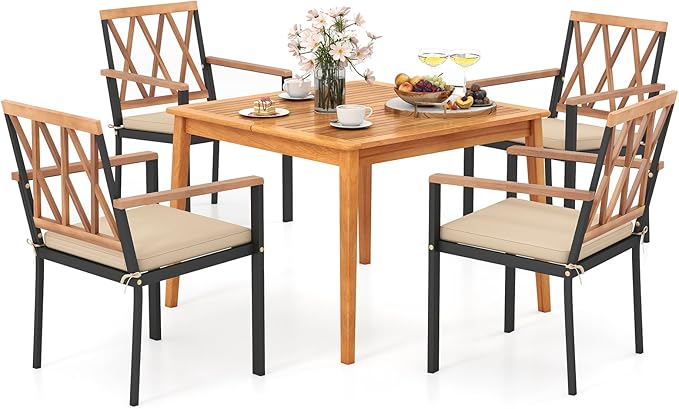 Tangkula 5 Piece Wood Outdoor Dining Set for 4, Rectangular Patio Acacia Wood Table Set with 4 Cushioned Chairs, Umbrella Hole, Heavy Duty Metal Frame for Deck Porch Backyard