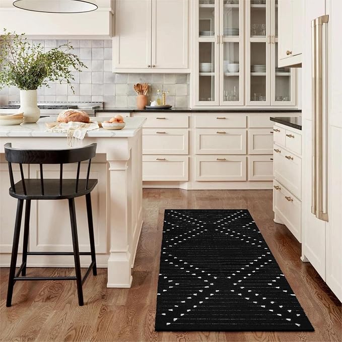 LIVEBOX Black Runner 2'x6' Boho Washable Rug for Hallway, Moroccan Woven Entryway Throw Area Rug Indoor Cotton Mat for Kitchen Laundry Room Bathroom Entry