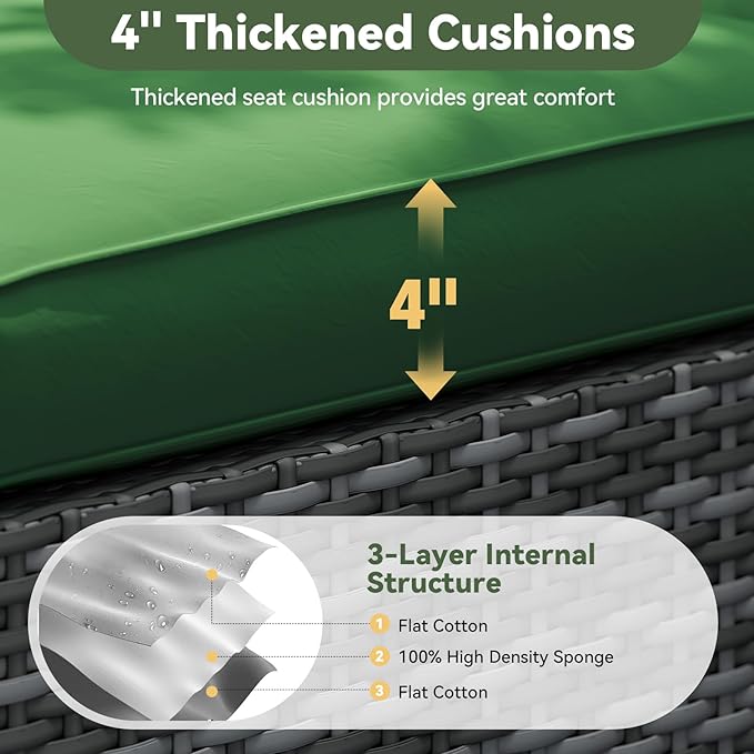 Aoxun Replacement Cushions for Outdoor Furniture, 14-Piece Outdoor Cushions for Patio Furniture, Deep Seat, Waterproof & Fade Resistant Couch Cushion for 6-Seat Patio Conversation Sets, Dark Green