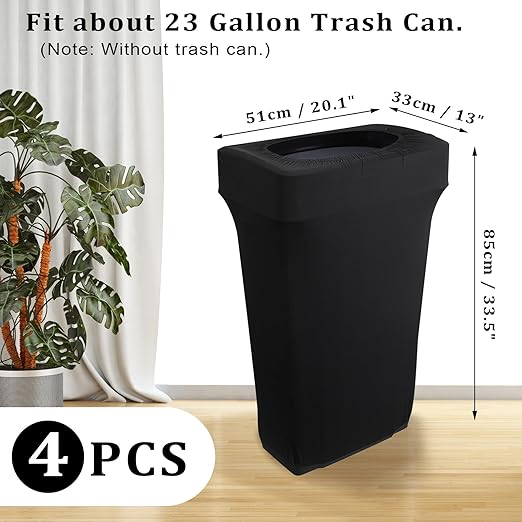 BSTKEY 23 Gallon Stretch Spandex Trash Can Cover, 4 Pack Outdoor Fitted Waste Container Cover Rectangular Garbage Can Covers for Wedding Party Commercial Fundraiser Decor, Without Trash Can (Black)