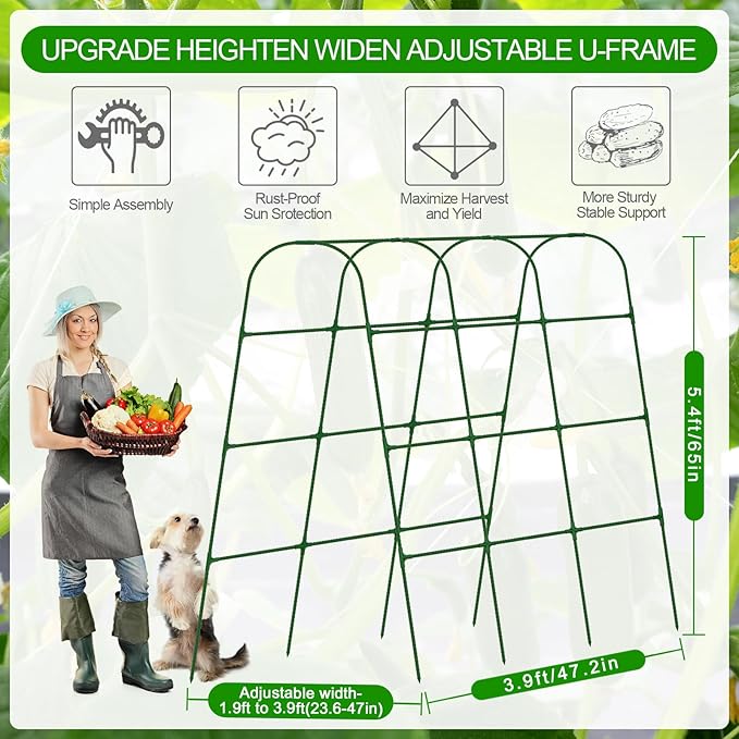 Cucumber Trellis for Raised Bed, U-Shape Garden Trellis for Climbing Plants Outdoor, Adjustable Metal Arch Vegetables Trellis with Climbing Net for Tomato, Bean, Grape, Zucchini