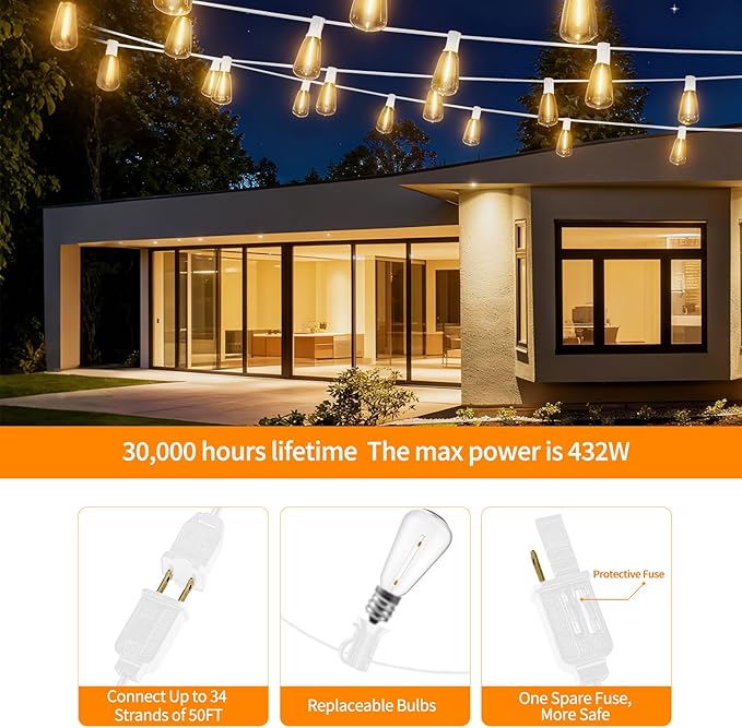 LED Outdoor String Lights 50ft ST38 White Waterproof Patio Lights with 25 Vintage Shatterproof Bulbs(2 Spare)