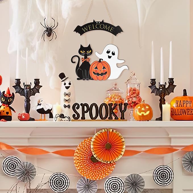 Halloween Decoration Wooden Ghost Door Halloween Wreath for Front Door Sign Wall Signs Decor, Pumpkin Black Cat Wreaths Sign Hanging for Home Wall Decor Outdoor Indoor Farmhouse Party Supply