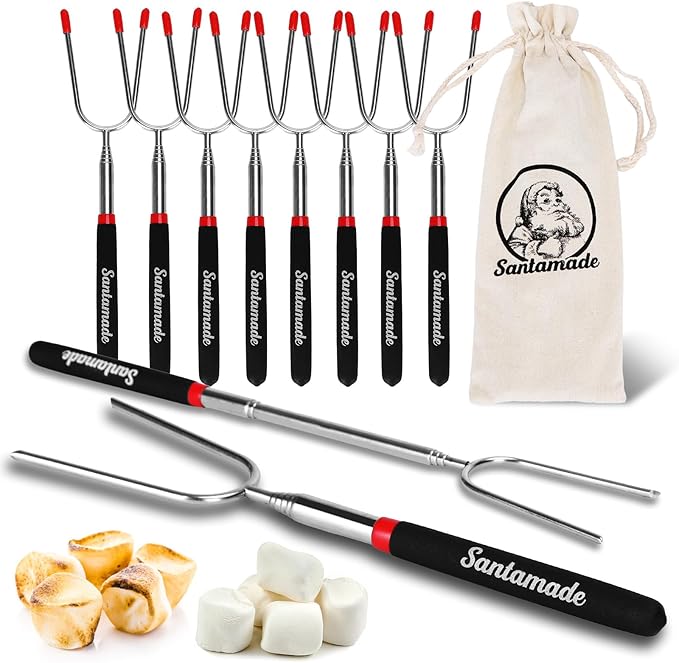 Marshmallow Roasting Sticks Set of 10 -Telescoping Wide Angle Smores Sticks for Fire Pit, Hot Dog Sticks for Campfire Grill Bonfire Party Supplies -With Santa Storage Sack