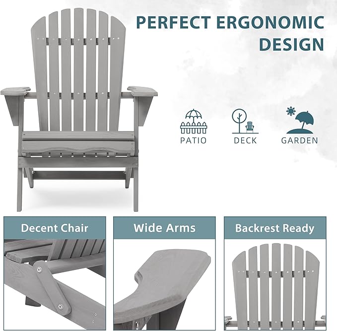 Wooden Folding Adirondack Chair Set of 4, Pre-Assembled BackRest Wood Lounge Chair for Outdoor Patio Garden Lawn Backyard Deck Pool Beach Firepit