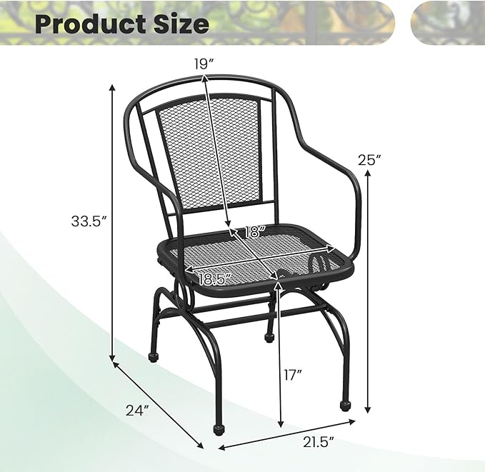 Tangkula Outdoor Rocking Chair Set of 2, Patio Rocker Chairs with Steady Rocking Function, Outdoor Dining Chairs with Metal Mesh Backrest & Seat, Armrest, Adjustable Foot Pads for Yard, Deck, Balcony