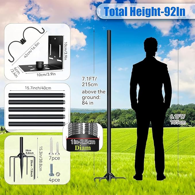 QwayHome 92Inch Smart Bird Feeder Pole, Bird House Pole Mount Kit for Outdoor Smart Bird Feeder & Wooden Birdhouse & Weather Station, 1Inch Dia Poles, with 5-Prong Base, 2Pc Shepherd Hook