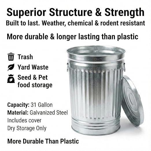 31 Gallon Metal Trash Can with Locking Lid, Galvanized Steel Outdoor Garbage Can for Dog Poop, Litter, Pet Food Storage, Rust & Weather Resistant, Heavy Duty Wire Bail Handle