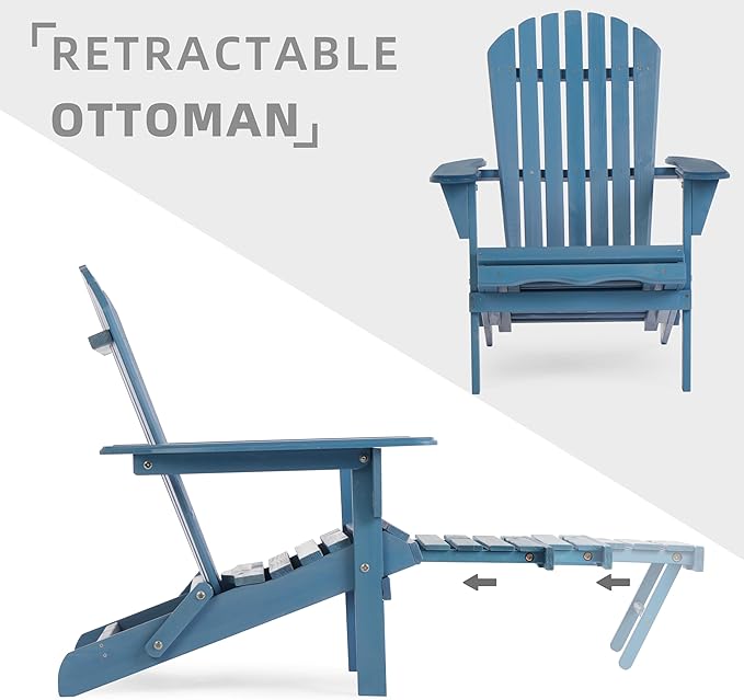 Outdoor Wooden Folding Adirondack Chair with Retractable Ottoman, Wood Patio Chair with Footrest for Garden Backyard Porch Pool Deck Firepit