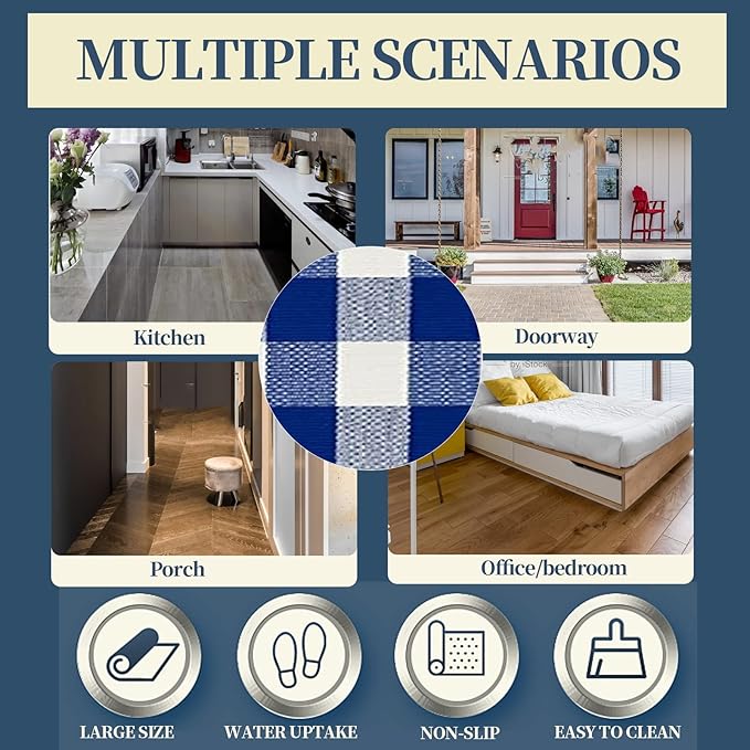 SEEKSEE Cotton Buffalo Plaid Rug 27.5"x43" Blue and White Checked Rug Washable Doormats Indoor Outdoor Rugs for Layered Front Door Mats, Porch, Kitchen, Farmhouse, Entryway
