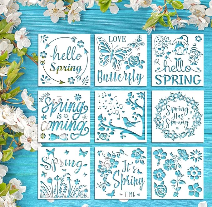 9PCS Large Spring Stencils for Painting on Wood, Wall, Fabric - Words, Flowers, Wreath, Birds, Gnomes Templates for DIY Home Decorations, Paint Wood Signs - Reusable Plastic