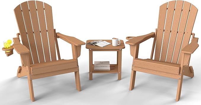 3-Piece Folding Adirondack Chair Set - 38" Extra Tall Back & Embossed Wood Grain, Oversized HDPE Patio Furniture with Side Table & Cup Holders, 380lb Heavy Duty, Cedar