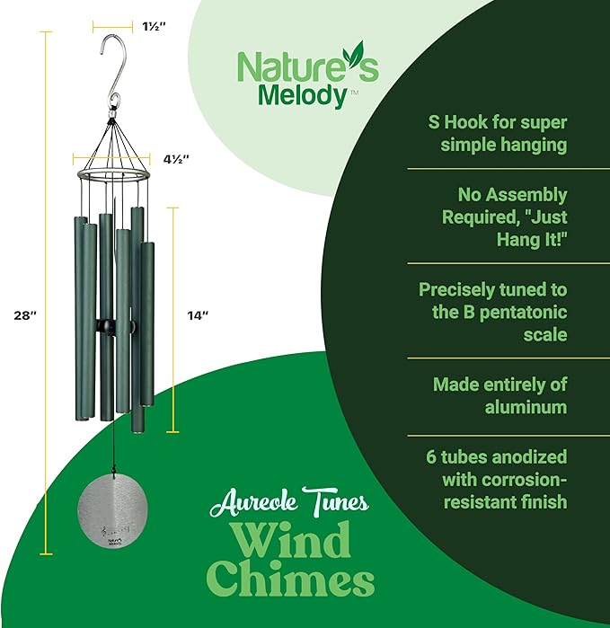 Nature’s Melody Aureole Tunes Wind Chimes – Outdoor Windchime with 6 Tubes Tuned to B Pentatonic Scale, 100% Rustproof Aluminum, Powder Finish & S Hook Hanger for Sympathy, Memorial Gift or Zen Garden