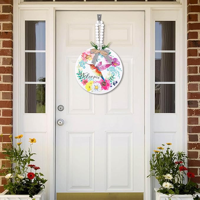 Welcome Spring Hummingbird Sign for Front Door Decor, Floral Flowers Summer Door Hanger for Outside Porch, Seasonal Farmhouse Wooden Welcome Sign Indoor Wall Hanging Decoration