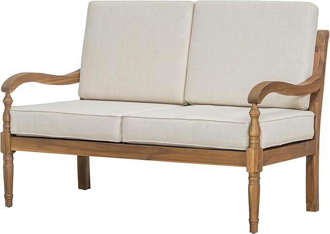 Christopher Knight Home Alice Acacia Wood Outdoor Loveseat, Wooden Patio Loveseat Sofa, Patio Furniture 2-Seater Sofa with Thick Cushions, Comfy Lounge Sofa Outdoor for 2 People, Beige + Natural