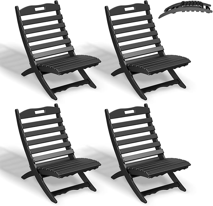 GREENVINES Folding Wave Chairs Set of 4 | Xavier | Portable Adirondack Chair | HDPE Plastic | All Weather | Black | for Fire Pit Beach Poolside Outdoor Deck Garden Patio Porch Fishing