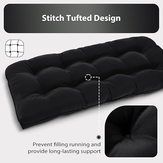 Tufted Bench Cushions for Outdoor Furniture, 48" x 18" Porch Swing Cushions Filled with Foam, Overstuffed Patio Cushions for Bench Loveseat with 2-3 Seats,Thick and Water Resistant, Black