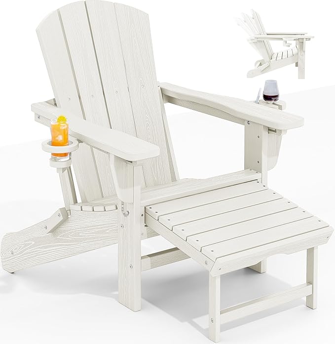 KINGYES Folding Adjustable Adirondack Chair with Ottoman & 2 Cup Holders, HDPE Adirondack Recliner Chair with Footrest, White