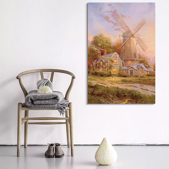 STUDIO HAVEN Thomas Kinkade Canvas Wall Art, Stone Country Home Glowing Windows Lush Gardens Oil Painting Fairytale Poster Charming Rural Wall Decor, Framed Prints for Home Decor, 12x16Inch