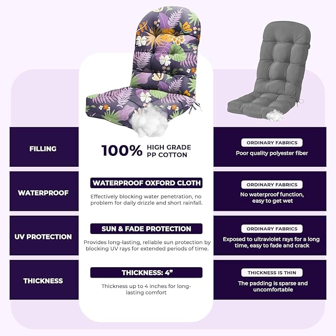 2 Pack Adirondack Chair Cushion Waterproof Indoor Outdoor Rocking Chair Cushion 44 Inches Patio High Back Chair Cushions Thickened Adirondack Rocking Chair Cushions with Ties, Purple Flower Leaves