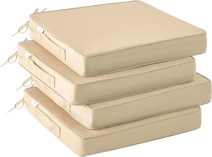 Outdoor Chair Cushions Set of 4 -Waterproof Outdoor Seat Cushions for Patio Furniture, Patio Chair Cushion with Handle and Ties, Square Out Door Chair Pads,17" x 16" x 2",Beige