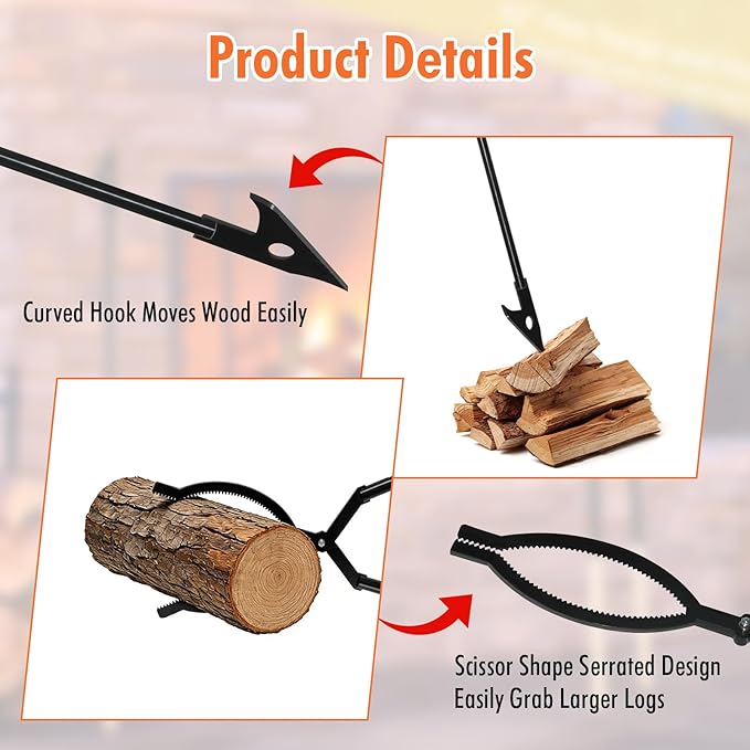 42in Detachable Fire Tongs and Poker Set with Carrying Bag, Heavy Duty Fire Pit Tools, Portable Log Grabber Fireplace Tools for Indoor Outdoor Fire Pit Camping Wood Stove Bonfire