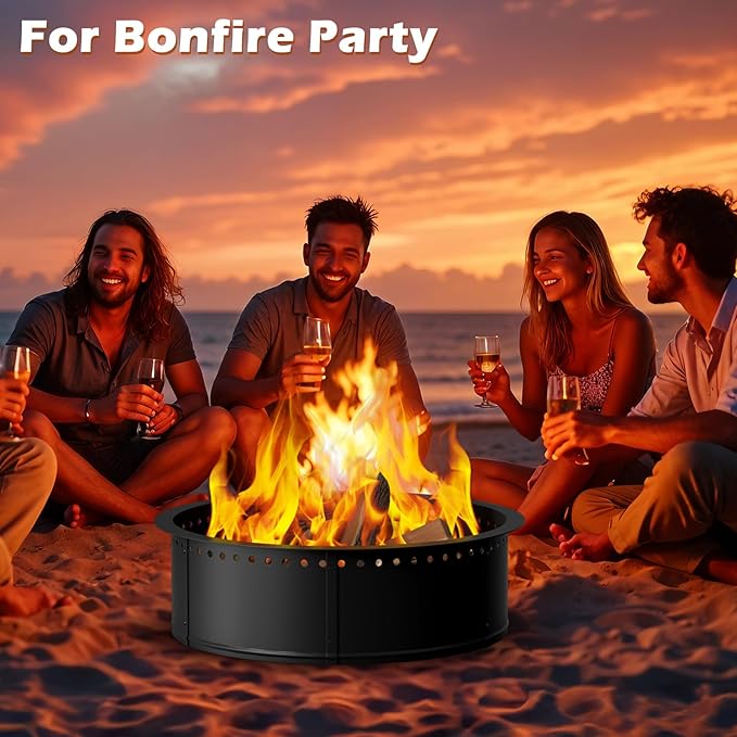 mapleway Smokeless Fire Pit Ring, 30inch Large Round Portable Metal Firepit Accessories for Outside Wood Burning Patio Camping Bonfire Campfire