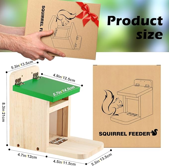 MIXXIDEA Squirrel Feeders for Outside Garden, Wooden Squirrel Feeder Box,Squirrel Feeding Stations with Green Cover, Easy to Fill Squirrel Feeding House(Green-1pk)