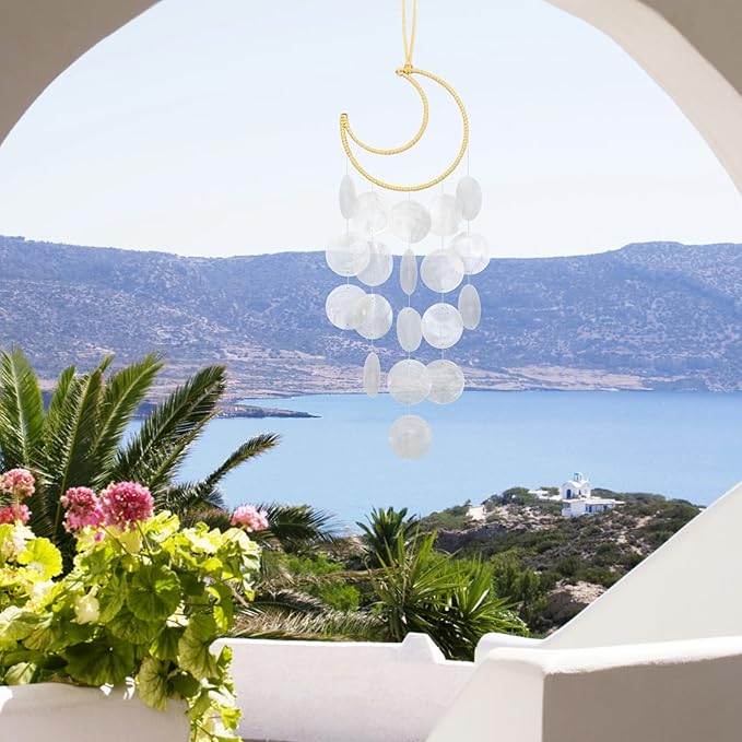 Seashell Wind Chimes for Outside - Handcrafted White Moon Shape Capiz Shells Windchime Bohemian & Coastal Style Decor for Indoor/Outdoors, Garden & Beach Hanging Decor for Wind Chimes Lovers and More